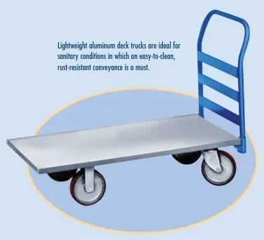 Roll A Way STEEL DECK: Steel deck platform trucks are constructed of 12 gauge steel. All parts are welded. Non-tilt type. Added cross member support. Removable end rack. 2 swivel and 2 rigid casters with 8” diameter wheels (4”, 5” and 6” available). Powder coated blue. Option extras include rubber bumpers. ALUMINUM DECK: Aluminum trucks are light weight, attractive, cor rosion resistant, and non-toxic. the aluminum material is 3/16” thick (diamond tread) supported by full length angle and cross brace caster bolsters. Removable end racks. Ideal for institutional usage.